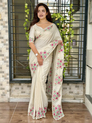 HouseOfCommon Embroidered Bollywood Tussar Silk Saree(White)