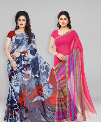 kashvi sarees Printed Daily Wear Georgette Saree(Pack of 2, Blue, Pink, Grey)