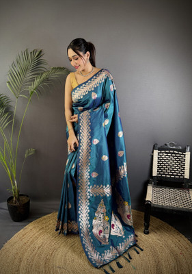 Divastri Printed Banarasi Cotton Silk Saree(Blue)