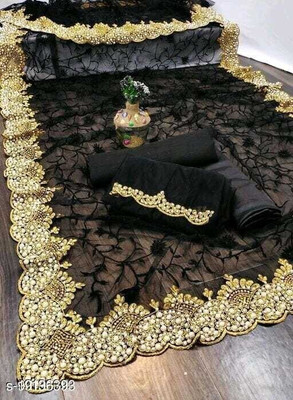 Zenomics Embroidered, Embellished Bollywood Net Saree(Black)