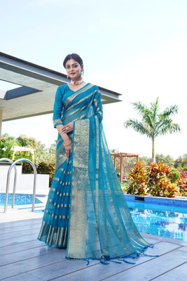KOTHARI SBT Solid/Plain Bandhani Organza Saree(Light Blue)