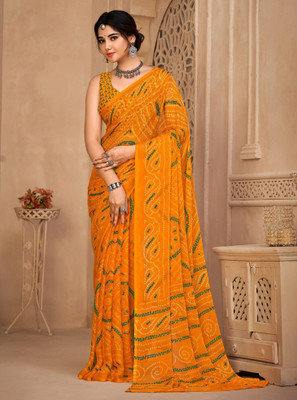 SainiVastra Printed Bandhani Chiffon Saree(Yellow)