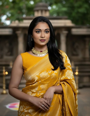 Bindi Woven, Dyed, Color Block Kanjivaram Jacquard, Cotton Silk Saree(Yellow, Gold)