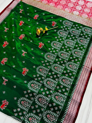 HouseOfCommon Embroidered Sambalpuri Satin Saree(Dark Green)