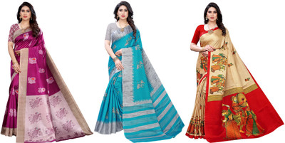 ANIRAV Printed Kasavu Art Silk Saree(Pack of 3, Purple, Grey, Blue, Beige)