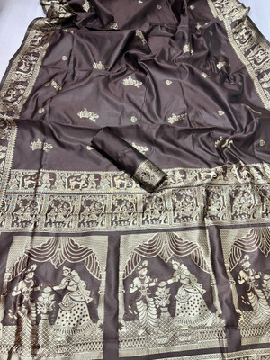 Dhruvil Impex Self Design Banarasi Silk Blend Saree(Brown)