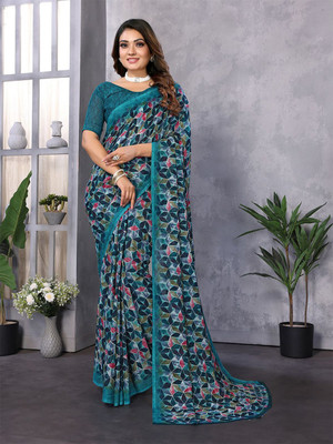 Moda Rapido Printed, Self Design Daily Wear Georgette Saree(Blue)