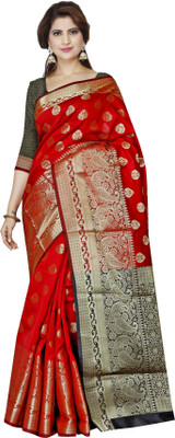 Indian Fashionista Embellished Banarasi Cotton Blend Saree(Red)