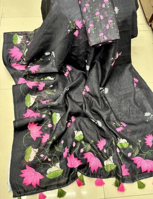 Sarthi Fashion Floral Print, Printed Bollywood Cotton Linen Saree(Black)