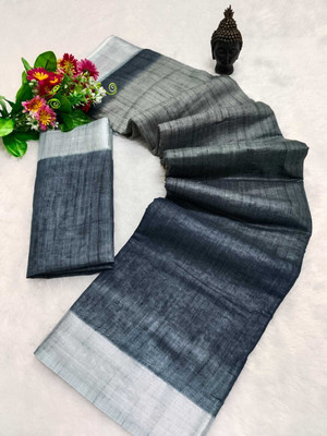 HouseOfCommon Printed Bollywood Pure Cotton, Cotton Linen Saree(Black, Grey)