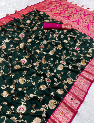 Sindharat Fashion Woven Banarasi Cotton Silk Saree(Dark Green)