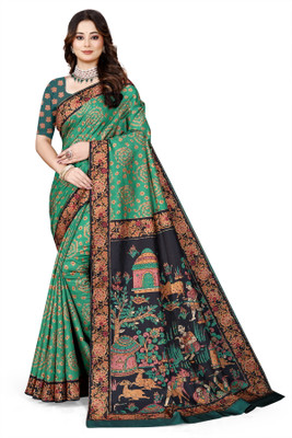 Owlsky Floral Print, Animal Print Kalamkari Silk Blend Saree(Multicolor)