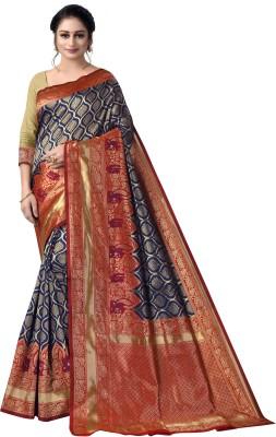 RANJAN Self Design Kanjivaram Silk Blend Saree(Dark Blue)