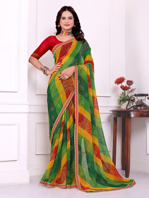 maayro Printed Bandhani Georgette Saree(Green)