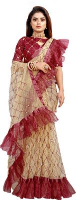 Fusion and Fashion Embroidered Bollywood Net Saree(Red, Cream)