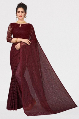 Vragi Floral Print Bollywood Net Saree(Pack of 2, Maroon)