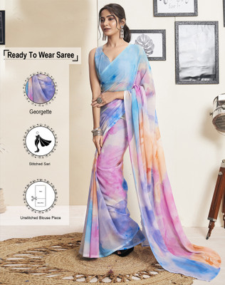 SIRIL Dyed, Solid/Plain Bollywood Georgette Saree(Blue, Multicolor)