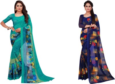 Suntex Floral Print Daily Wear Georgette Saree(Pack of 2, Dark Blue, Blue)