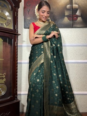 GLEUX FASHION Woven, Self Design Kanjivaram Jacquard, Cotton Blend Saree(Green)