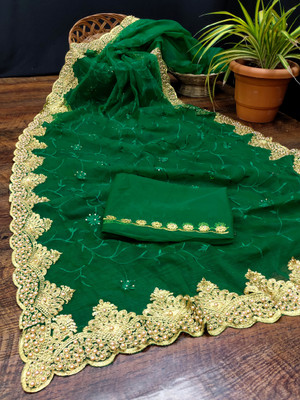 KHRITI FAB Embroidered, Printed Bollywood Net Saree(Green)