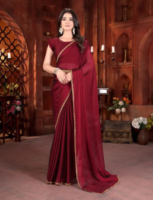 OnlllineBazaaar Embellished, Embroidered, Solid/Plain Bollywood Chiffon, Pure Silk Saree(Maroon)