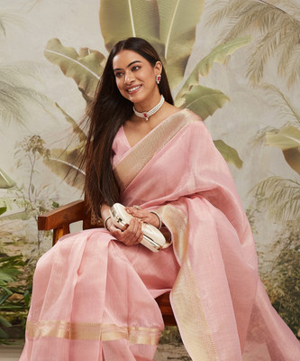 Rachna Solid/Plain Kanjivaram Linen Saree(Pink)