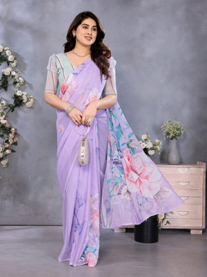 THEPRINTEMPIRE Floral Print, Printed Bollywood Organza, Tissue Saree(Purple)