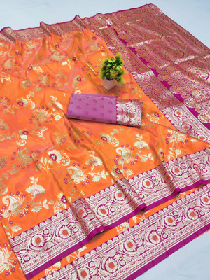 Ratnavali Woven Banarasi Pure Silk, Art Silk Saree(Orange)