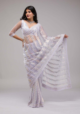 KOSKII Embellished Bollywood Net Saree(Silver, Grey)