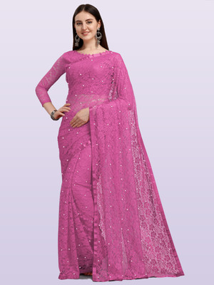 LOROFY Self Design Bollywood Net Saree(Pink)
