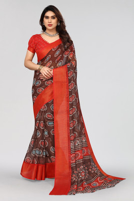 Winza Designer Geometric Print Daily Wear Cotton Blend Saree(Brown)