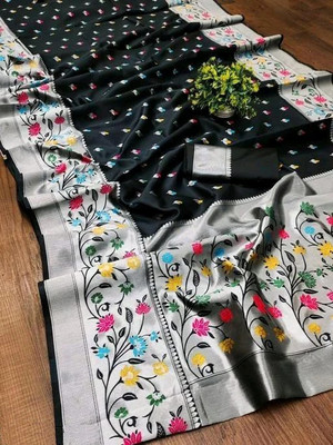 KanjiQueen Woven Paithani Silk Blend, Art Silk Saree(Black, Silver)
