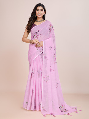 SHRIMAY Floral Print Bollywood Pure Cotton, Linen Saree(Purple)