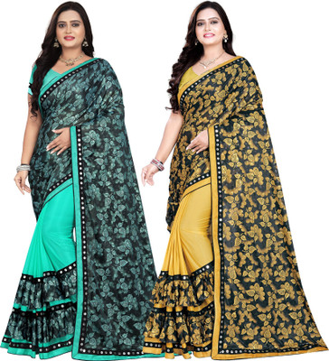 DECOFIN Embellished, Floral Print Bollywood Lycra Blend Saree(Pack of 2, Light Blue, Mustard)