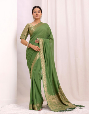Satrani Woven, Solid/Plain Bollywood Chiffon Saree(Green)