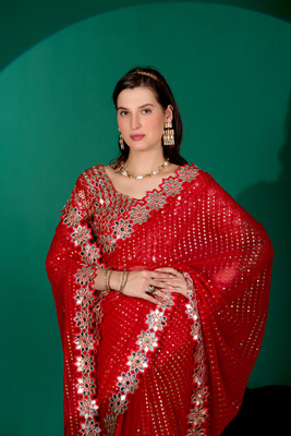 Disha Fashion Embroidered, Embellished Bollywood Georgette Saree(Red)
