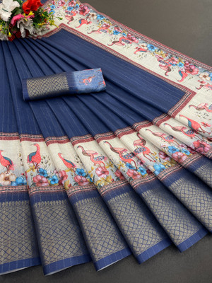 Sanskriti Synthetics Woven Handloom Pure Silk Saree(Blue)