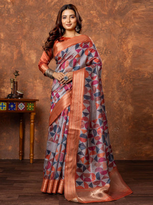 Sareemall Printed Chinnalapattu Silk Blend Saree(Grey)