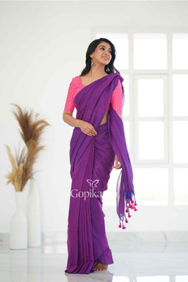 SIKDAR TEXTILE Solid/Plain Handloom Cotton Blend Saree(Purple)