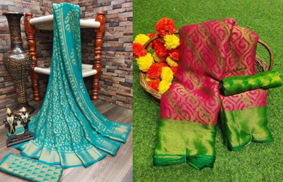 Sitanjali Floral Print Bollywood Brasso Saree(Pack of 2, Multicolor)