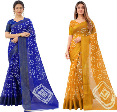 Saadhvi Printed Bandhani Pure Cotton Saree(Pack of 2, Blue, Yellow)