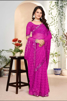MAA CREATION Embroidered Bollywood Net Saree(Pink)