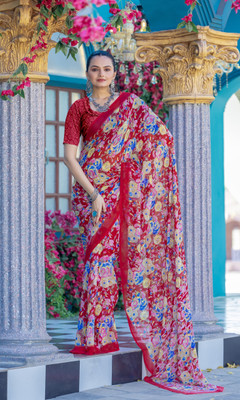 VIBHAGYAA Printed Daily Wear Chiffon Saree(Pack of 2, Red)