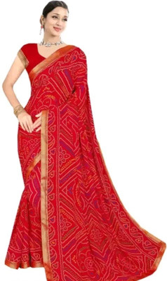 Kanooda Prints Printed Bandhani Georgette Saree(Multicolor)