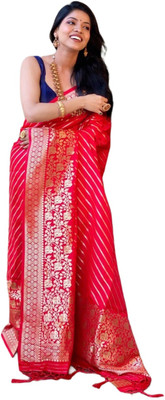 vasthralaya Striped Kanjivaram Cotton Blend Saree(Red)