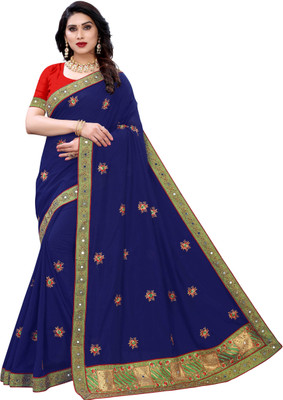 Go4Fashion Embellished Bollywood Silk Blend Saree(Dark Blue)