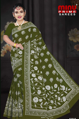 Minu Fashion Floral Print, Printed Bollywood Cotton Blend, Pure Cotton Saree(Dark Green)