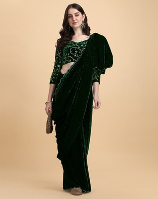SNH EXPORT Self Design Bollywood Velvet Saree(Green)