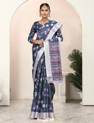 Gajal Printed, Woven Kanjivaram Pure Cotton, Cotton Linen Saree(Dark Blue)