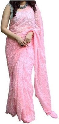Awadhmart Embroidered Lucknow Chikankari Georgette Saree(Pink)